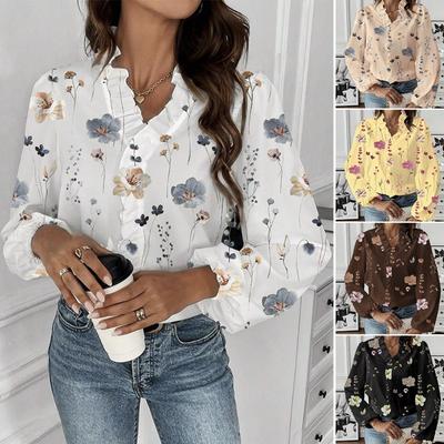 Moda Vintage Çiçekli Bol Uzun Kollu Gömlek Kadın Fırfırlı V Yaka Baskılı Günlük Kadın Bluzları Zarif Slim Fit Basit Ofis Bayan Gömlekleri 26502