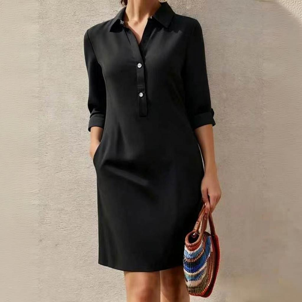 Abito Chemisier Casual da Donna Vestibilità Larga Abbottonatura Frontale Dettaglio Tasca Manica a Tre Quarti Collo Maniche Lunghe Abito Tunica per l'Uso Quotidiano