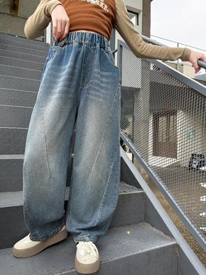 Girls' 2025 Spring/Autumn Wide-Leg Scimitar Jeans - Fashionable & Versatile Denim for Kids