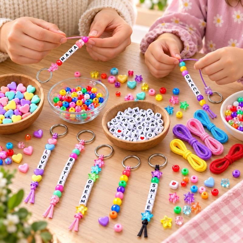 DIY Beaded Keychain Craft Kit, 566-Piece Set with Letter Beads, Cords and Metal Key Rings for Personalized Name Designs