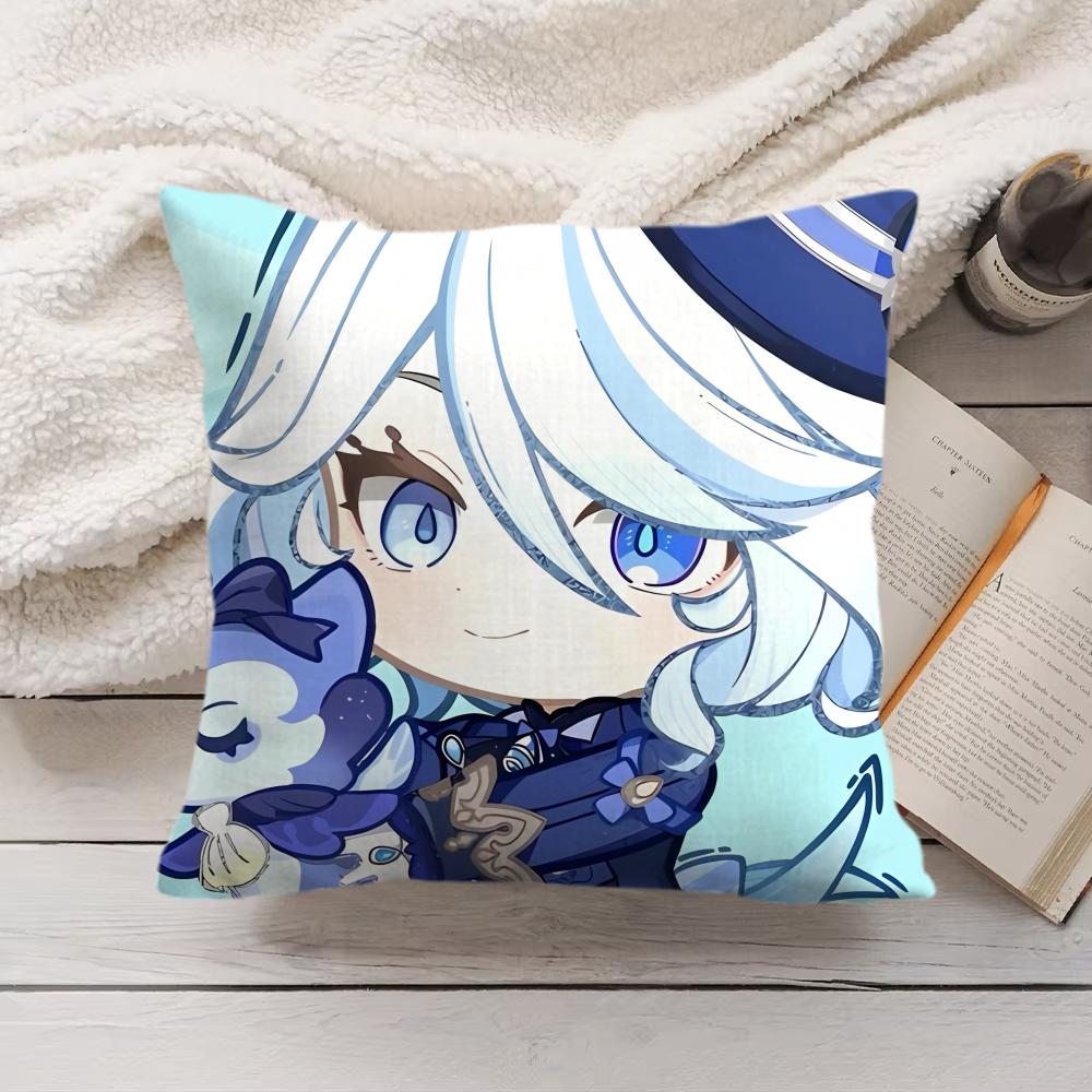Furina Cute Genshin Impact Cushion Cover Silky Short Plush Invisible Zipper Dustproof Sofa Pillow Case For Home Decor