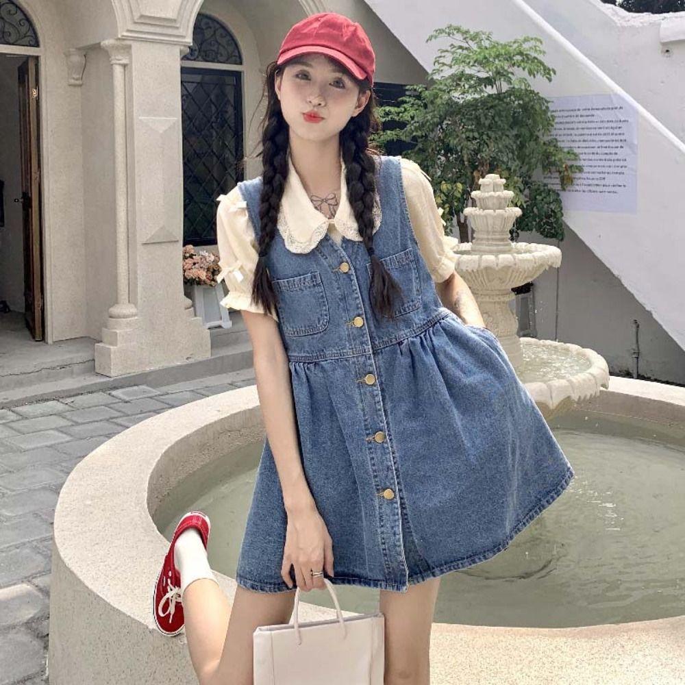 Pleated Cowboy Strap Dress V-neck Sleeveless Short Dress Sweet Denim Camisole Dress  Beachwear