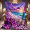 1pc 2D Purple Floral Beach Sunset Theme Pattern Flannel Blanket, Soft HD Digital Print, Cooling Blanket All Year Round! Soft And Breathable 100% Polye