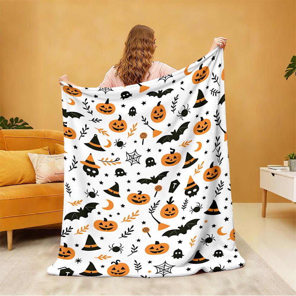 1pc Halloween pumpkin bat spider print flannel blanket, suitable for leisure sofas and naps during breaks at work.
