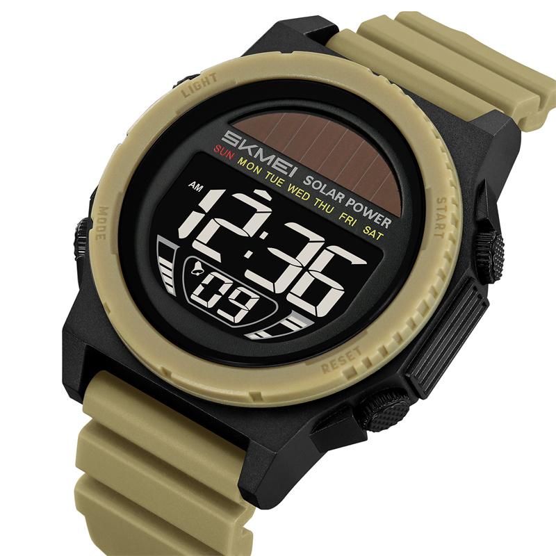 Skmei Solar Energy Digital Watches forMens LED Waterproof Swimming Chronograph TPU Strap Date Week Military Sports Wristwatch