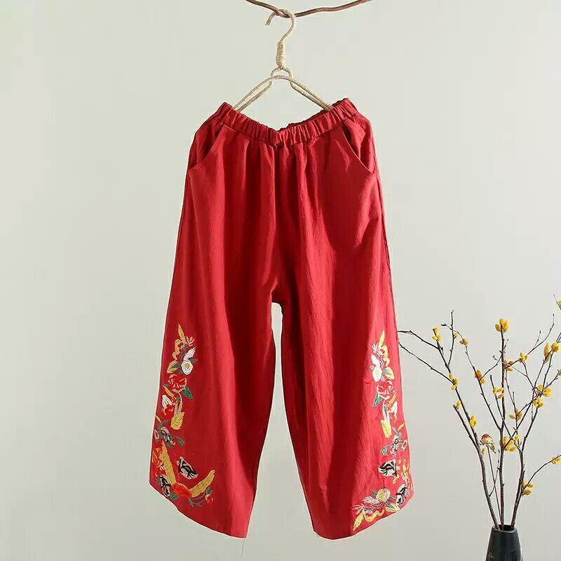Elastic Waist Wide Leg Pants Cropped Pants Embroidered Women's Pants Cotton Loose Casual Pants Embroidered