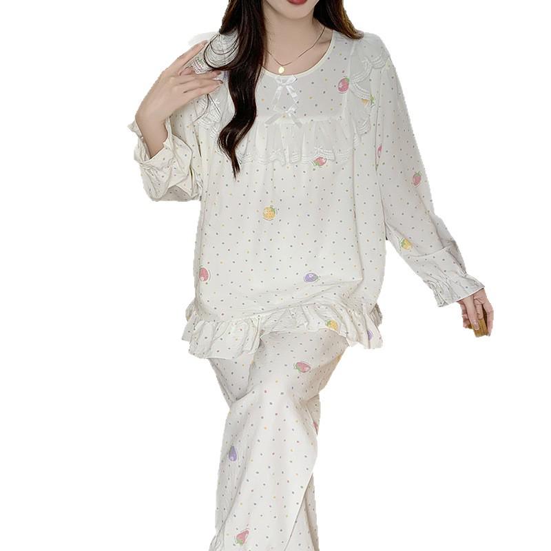 Women's Princess Style Cotton Pajama Set with Padded Bust - Lace Trim Long Sleeve for Spring/Autumn