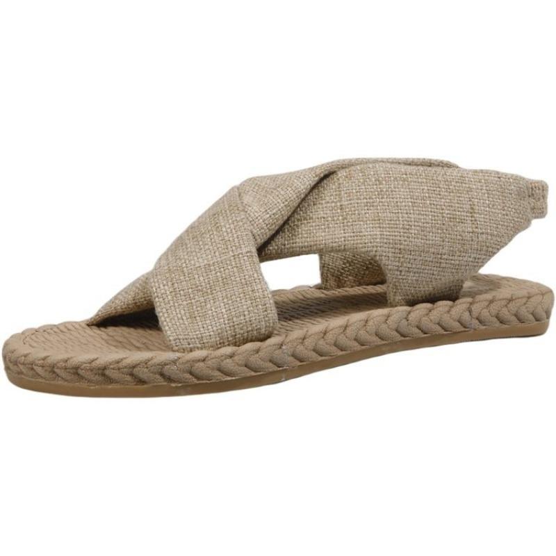 Linen Flat Womens Cotton Roman Sandals Elastic Cross Strap Design For Outdoor Daily Wear