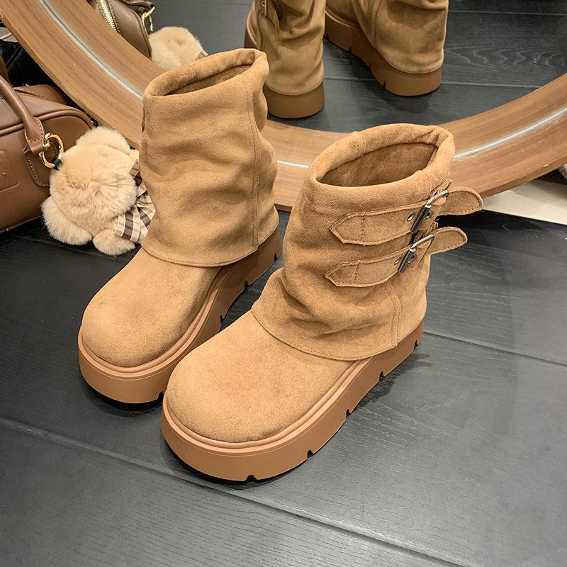 

Ретро однотонная пряжка ремня, но колено, ботинки Мартина женские 2025 осень и зима новые универсальные маленькие ботильоны на толстой подошве 40 верблюд