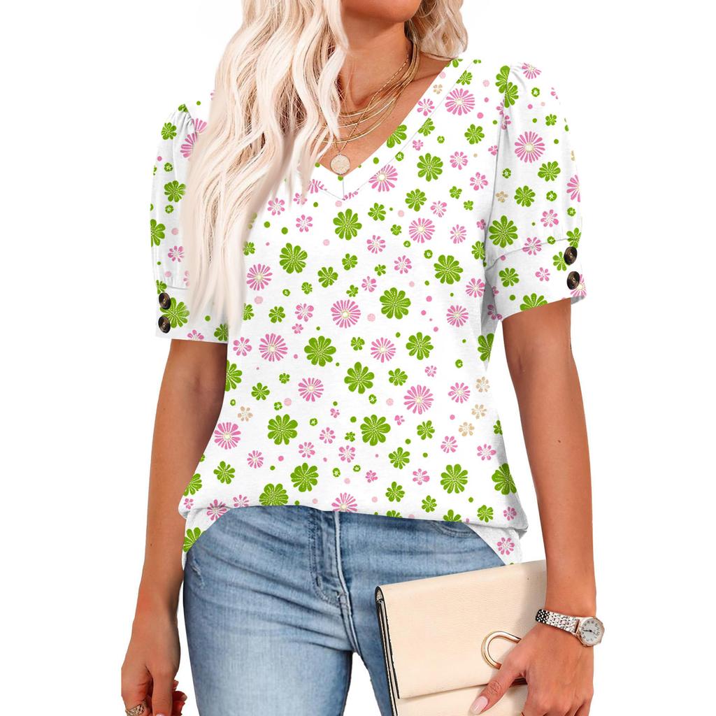 Womens Tops Short Sleeve Shirts Buttons V Neck Fashion Outfits Blouses Casual