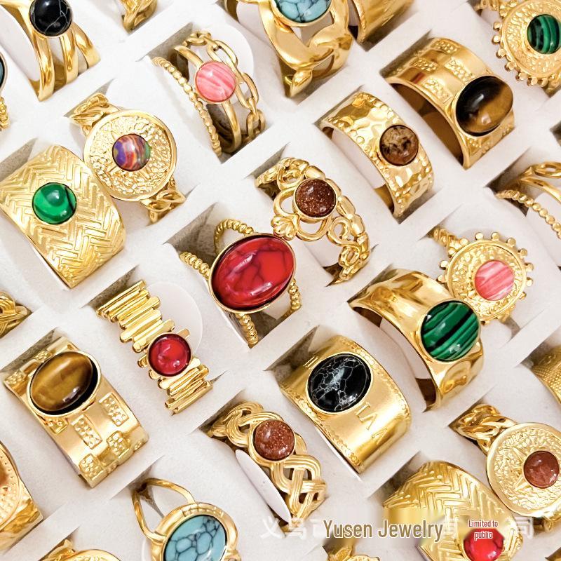 European-American Retro French Natural Stone Stainless Steel Ring Set