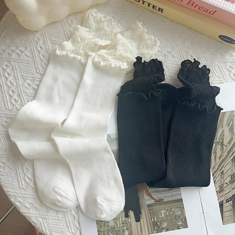 Lolita Stockings Woman Solid Color Lace Cute Lolita Thigh High Thick Warm Stockings Autumn/Winter White Long Leg Socks for Women