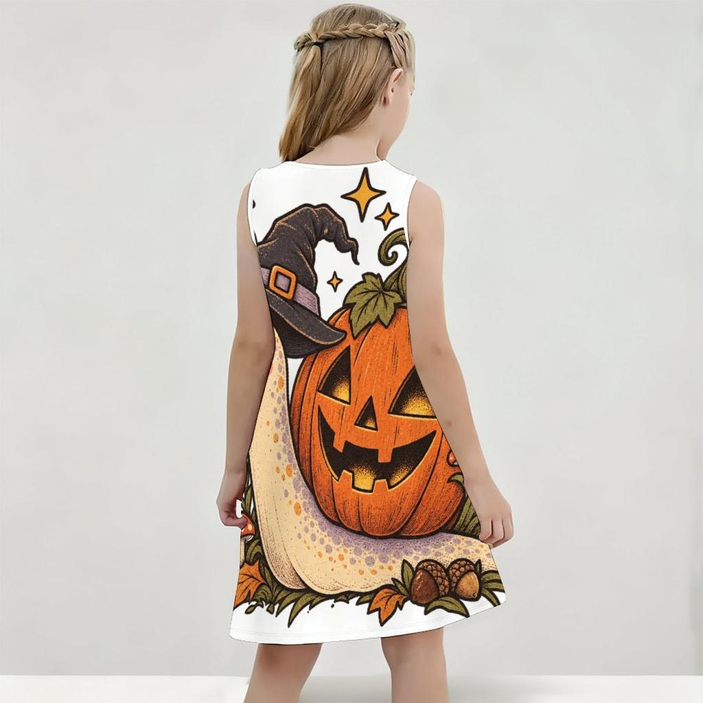 Little Girls Round Neck Sleeveless Printed A Line Flared Hem Dress Cute Bear Pumpkin Pattern