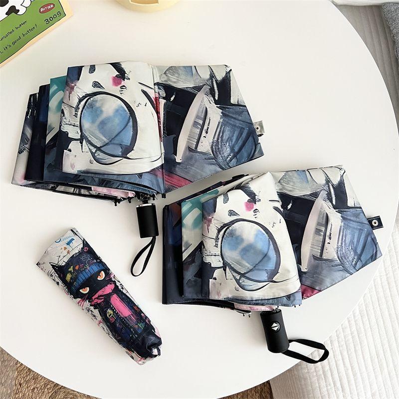 Doodle Cat Umbrella UV Black Glue Sun Umbrella Sun Rain Dual Use Auto Open Three Fold Umbrella Student Sun Proof Sun Shade