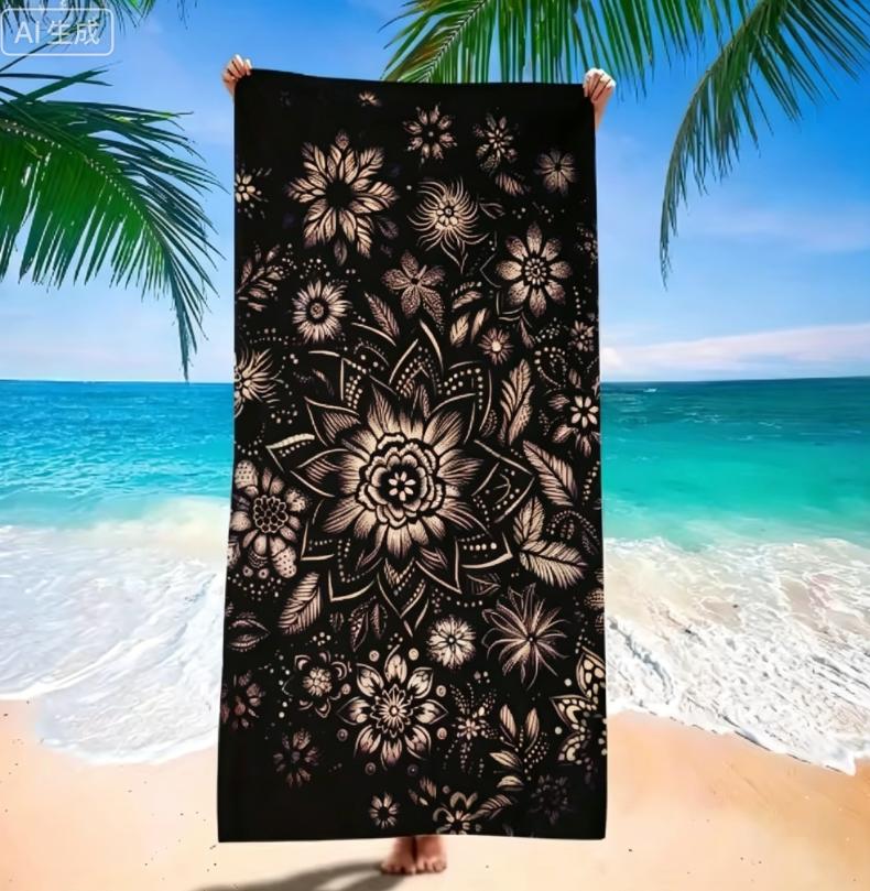 Bohemian Mandala Flower Beach Towel with Black and White Flower Design Beach Blanket for Home Decoration Bedroom and Living Room