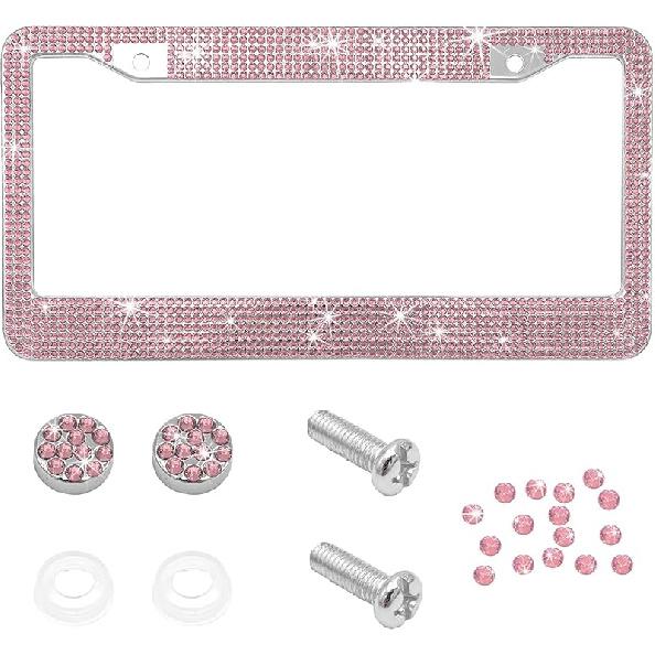 Bling Car License Plate Frame, Handcrafted Rhinestone License Plate Frame With Glitter Screw Caps, Sparkly Bedazzled Diamond Stainless Steel License