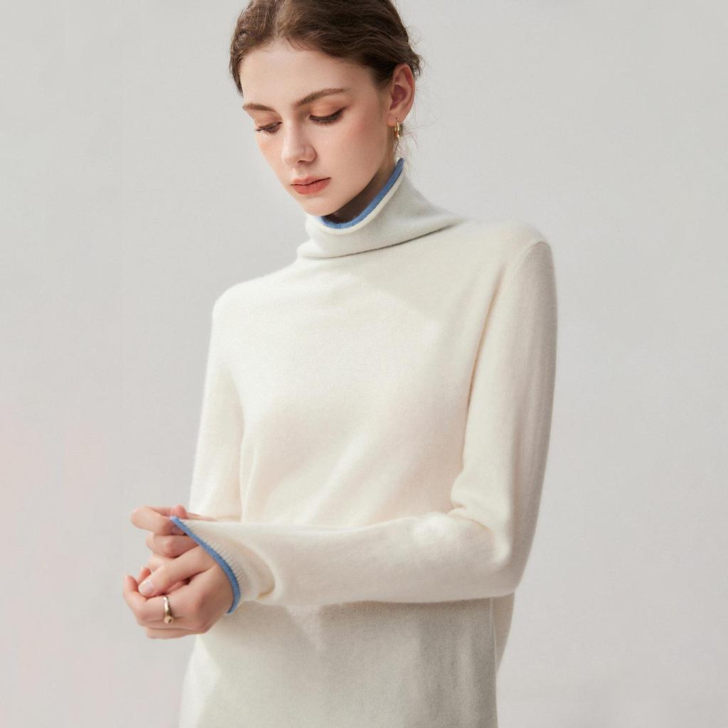 2026 A/W Stacked Collar Color Block Two-Piece Look Cashmere Women’s Pullover Long Sleeve Knit Sweater