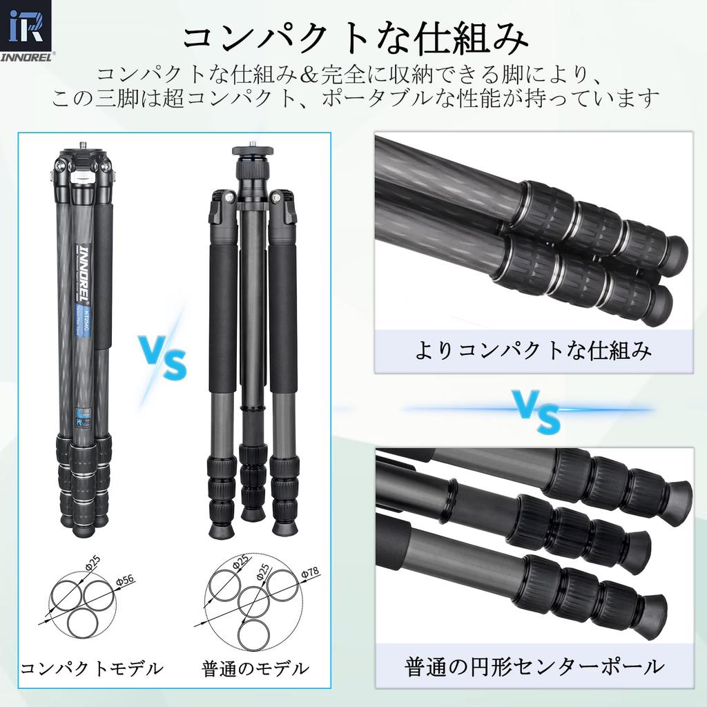 INNOREL Carbon Fiber Camera D36 with Pan 15kg Maximum Load Working Pipe Compact for Video Digital and DV Travel and with Center Pole and Bag Tripod