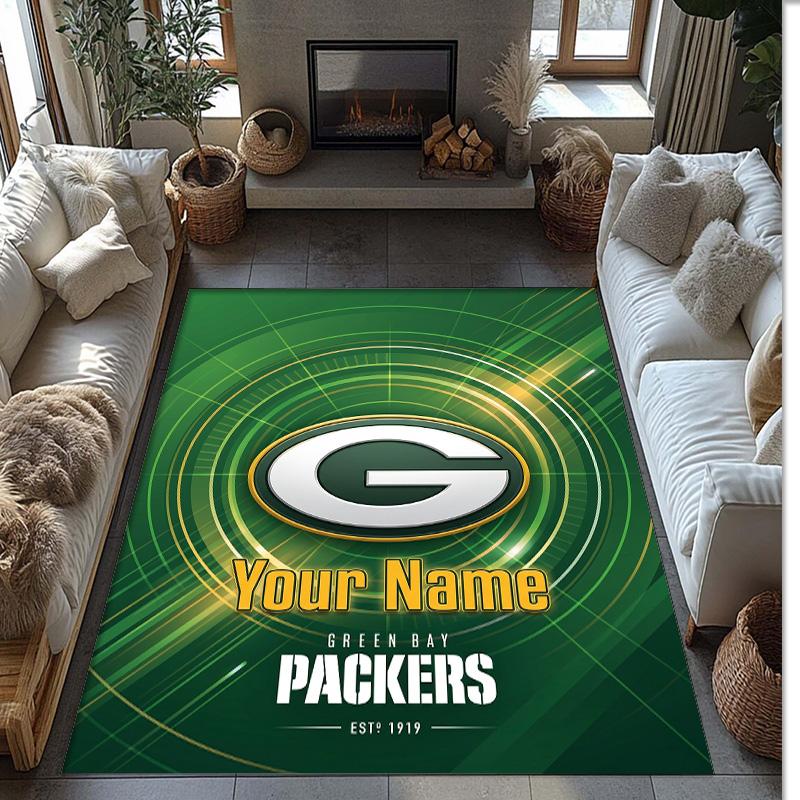 Green Bay Packers Crystal Velvet Rug, Custom Name Text Personalized Non‑Slip Floor Mat for Home Decor Gift