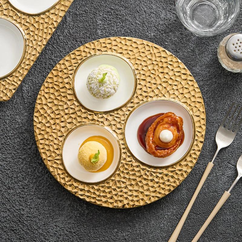 Creative Phnom Penh Ceramic Lattice Western Food Plate Household New Hotel Restaurant Wood Grain Dessert Plate Tableware