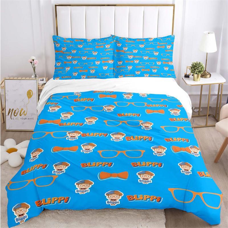 

Blue & Orange Kids Character Elements Print Bedding Set, Cute Bow Tie Glasses Pattern Duvet Cover Set(1 * duvet cover + 2 * pillowcase, without core) 135x200cm