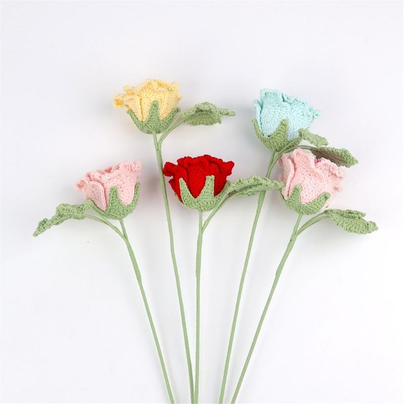Handmade Knitted Flower Crochet Rose Flowers Artificial Flowers Home Decors Single Rose Flower Gift for Birthday Wedding