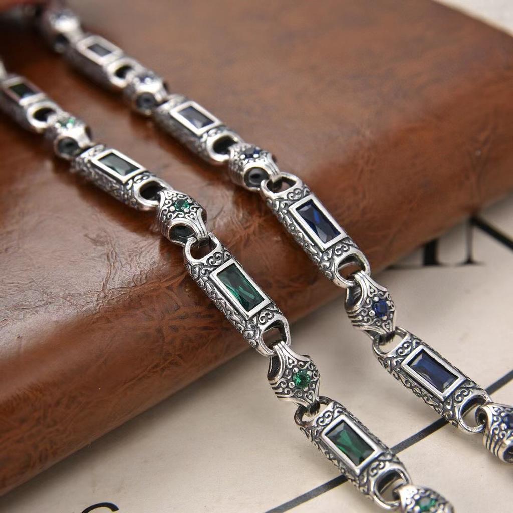 New Chinese Street Style Blue Square Zircon Bracelet for Men Retro Punk Biker Full-Zircon Hip Hop Jewelry