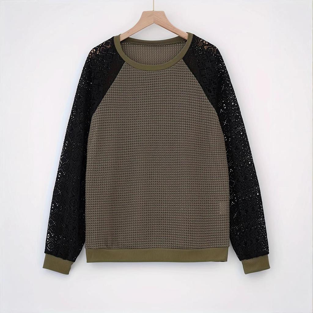 Women's Lace Top Crew Neck Long Sleeve Openwork Slim Fit Casual Blouse