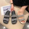 Fashion Square Toe Platform Rhinestone Slender Strap Flip Slippers Women's Summer 2025 New Flat Shoes Outside Wear