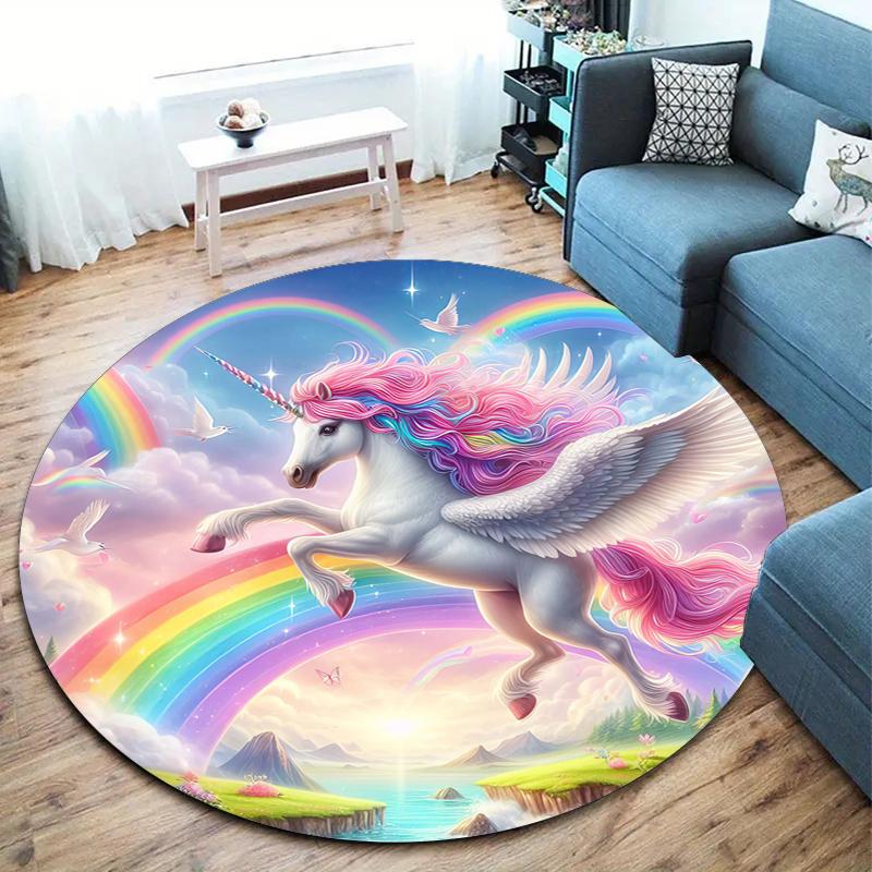 1Pc Cute Unicorn Circular Print Rug - Home Decoration Carpet For Living Room Bedroom Flooring Computer Chair Area Rug