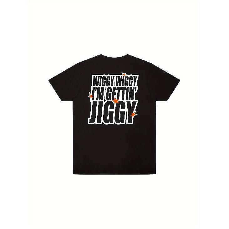 Men's Anime Graphic T-Shirt - Funny "Wiggy Wiggy I'm Gettin' Jiggy" Print T-Shirt - Black T-Shirt with Orange Text - Casual Crew Neck Concert Item
