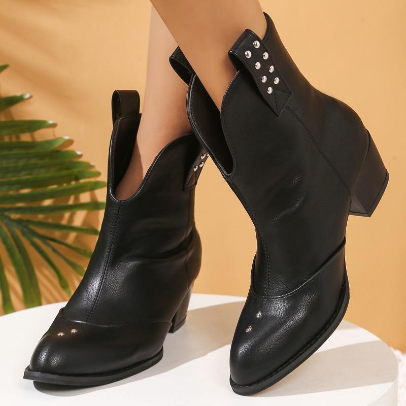Block Heel Leather Boots New Round Toe Rhinestone Sleeve Non-Slip Wear-Resistant All-Match Booties For Autumn And Winter