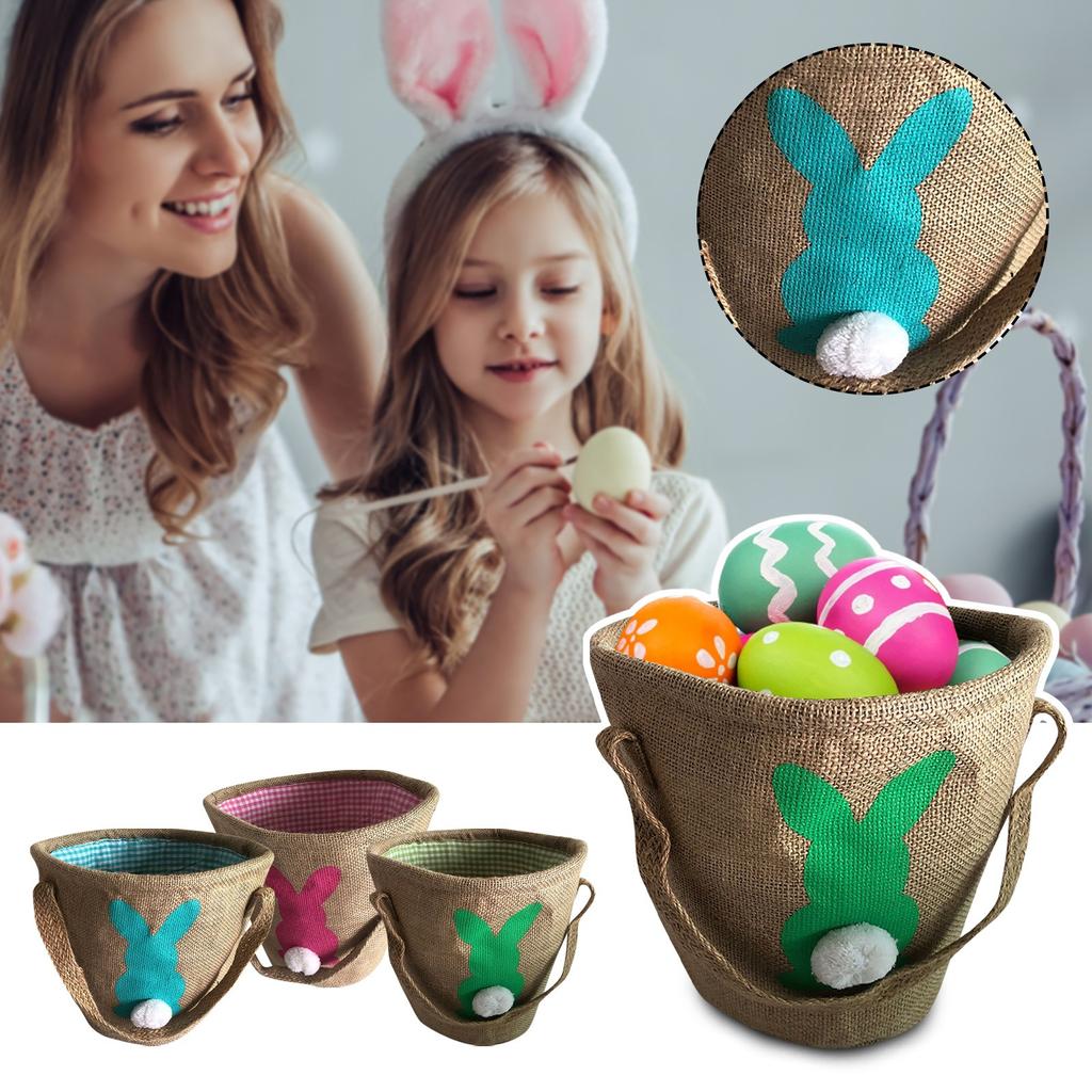 Easter Basket Holiday Bunny Printed Canvas Gift Carry Eggs Candy Bag