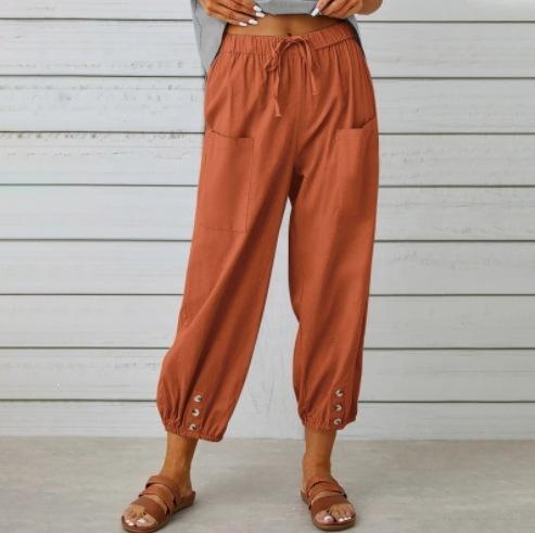 Women's High Waist Linen Pants Loose Fit Cropped Trousers Solid Drawstring Button Casual Fall Harem Pants