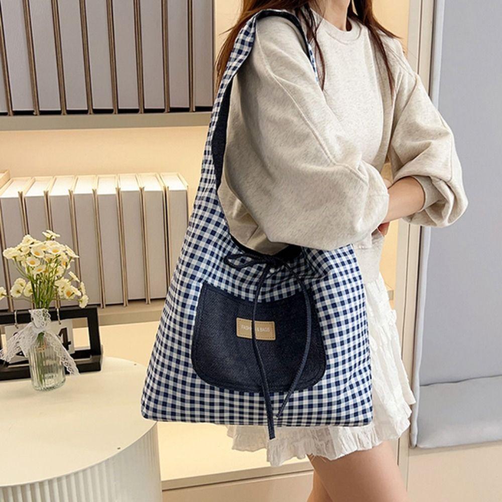 Cloth Denim Shoulder Bag Japanese Style Canvas Tote Bag Double Sided Plaid Denim Vest Bag Travel