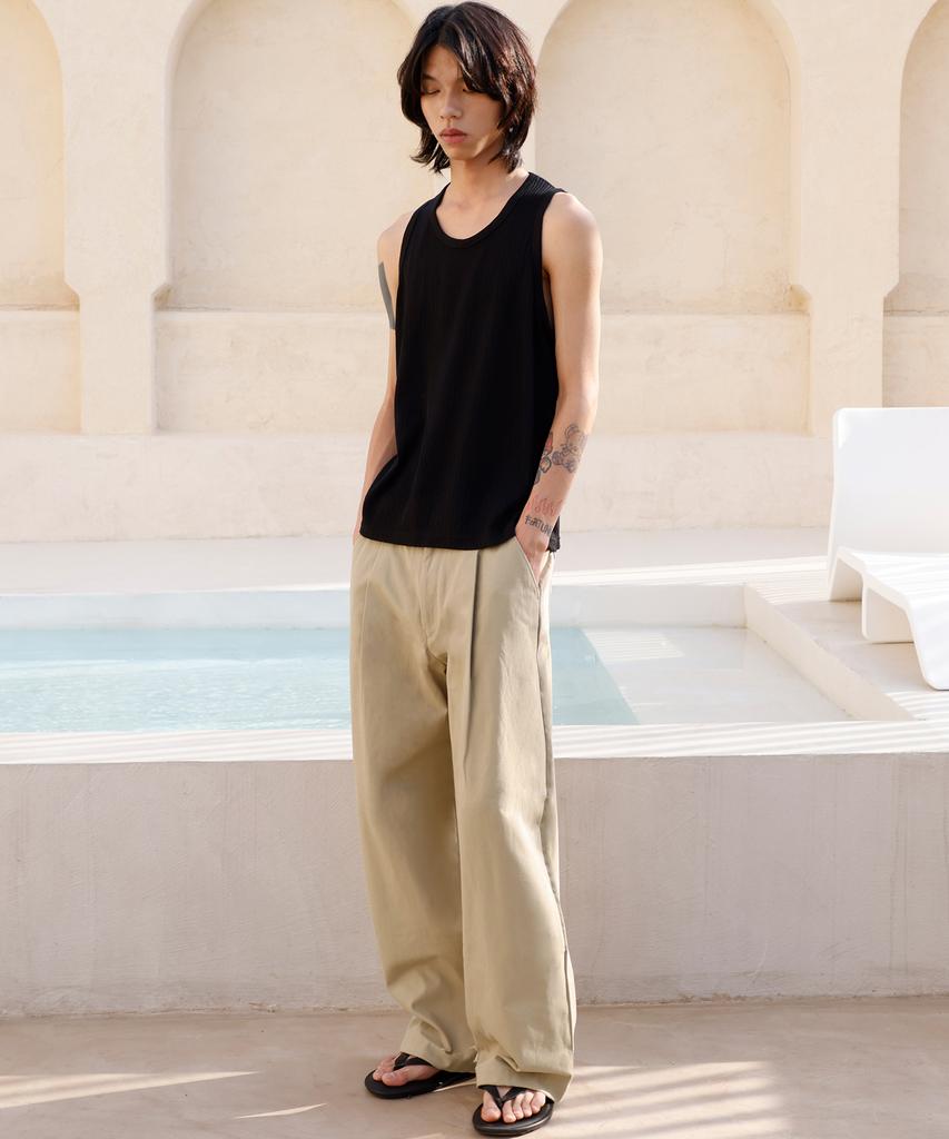 SIGNATURE One-Pleat Wide Cotton Pants [Beige]