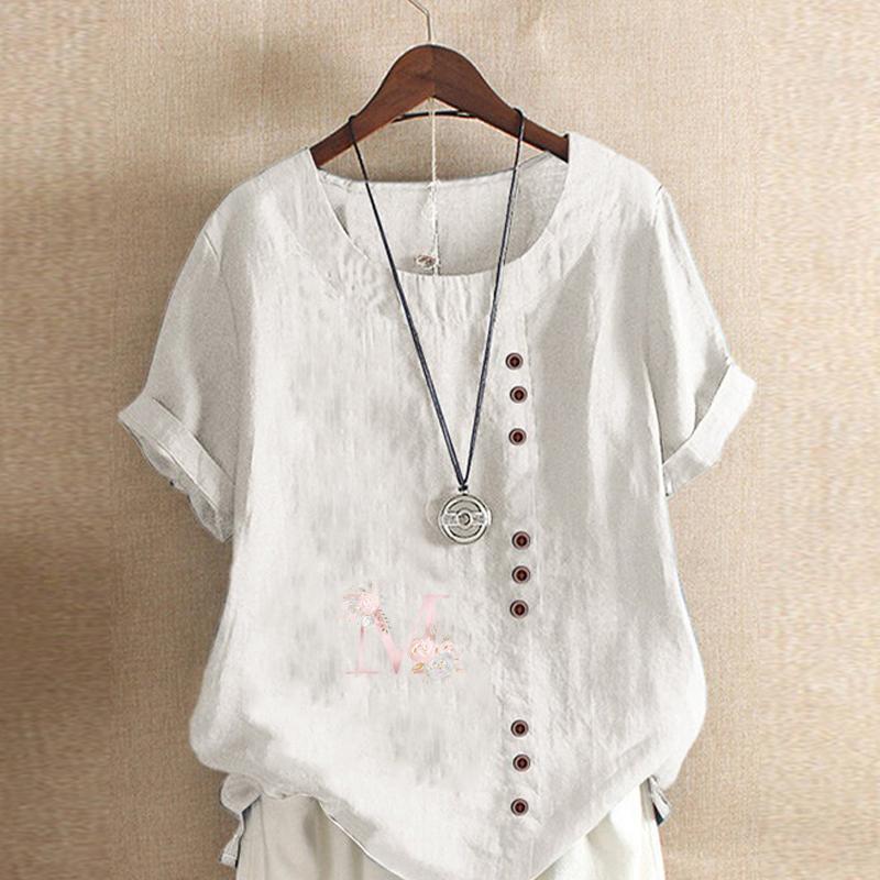 Women's Fashion Round Neck Short Sleeve T-shirt Casual Cotton Linen Graphic Shirt Leisure Loose Letter M Prined Summer Blouse Tops