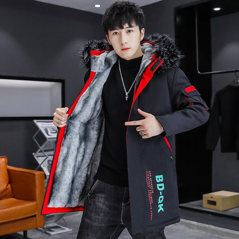 Men's Winter Fleece-Lined Hooded Cotton Coat - Color-Blocked, Warm, Mid-Length