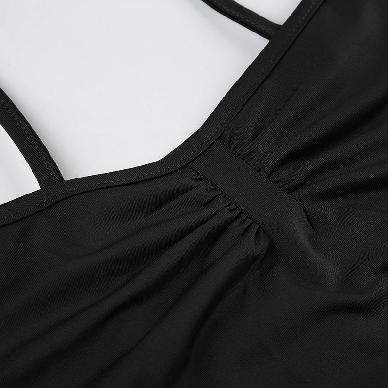 Sweetown Sleeveless Skinny Shirring Skinny Sexy Spaghetti Strap Bodysuit For Women Black Solid Simple Basic Vacation Camisole