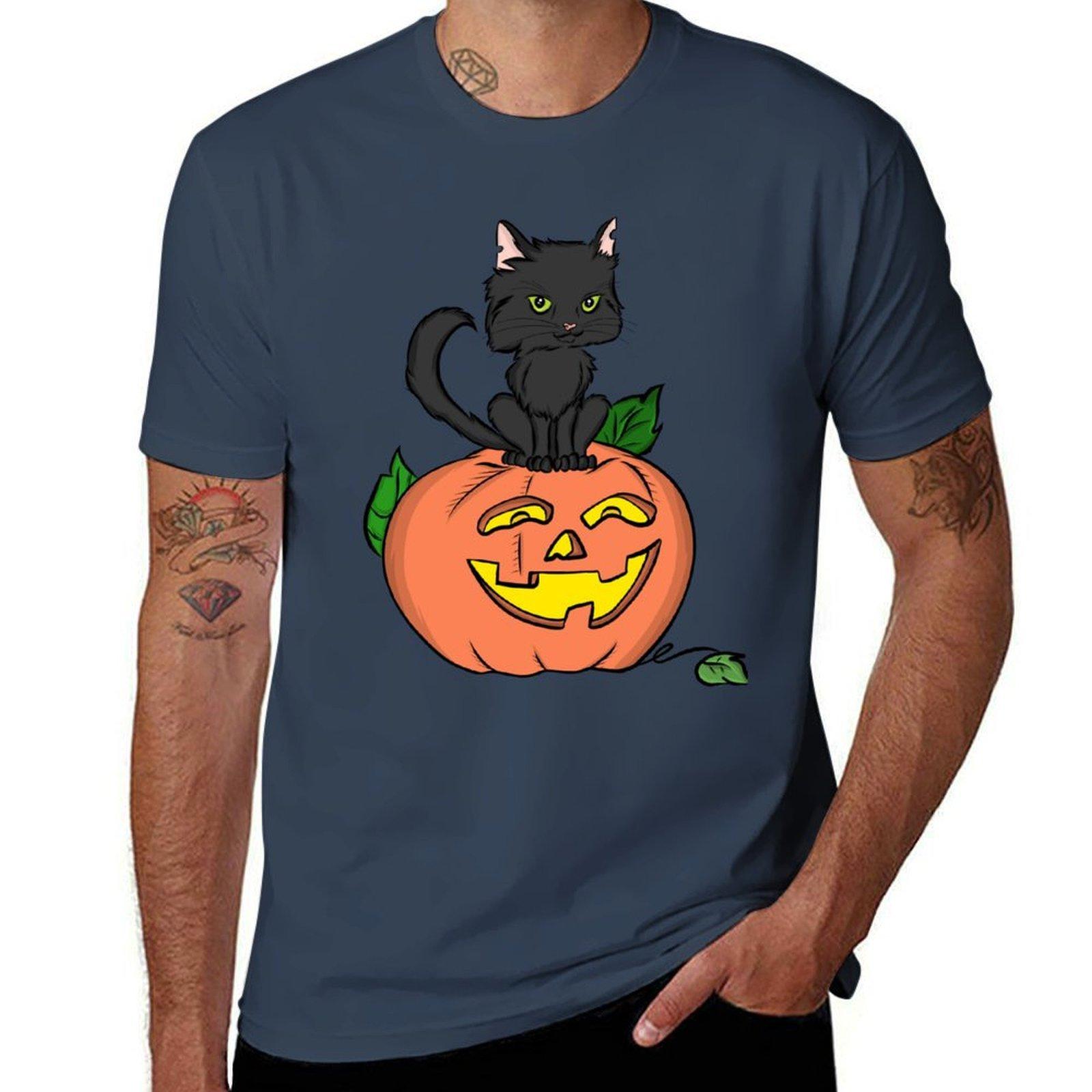 Black Cat Pumpkin Tshirt Art Pattern Printed Casual Top S