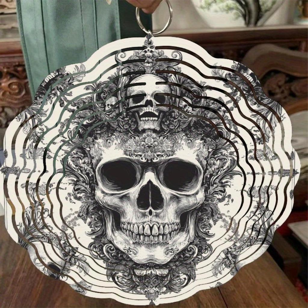 Metal Skull Wind Spinner - Intricate Engraved Design, Outdoor Hanging Decor for Garden and Patio, No Electricity Needed