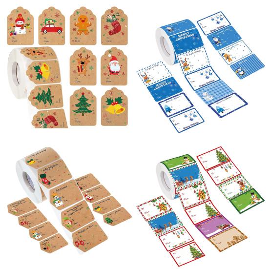 500Pcs/Roll Christmas Gift Tags Cartoon Santa Snowman Reindeer Tree To And from Name Tags DIY Present Box Greeting Card Envelope Self-adhesive Label