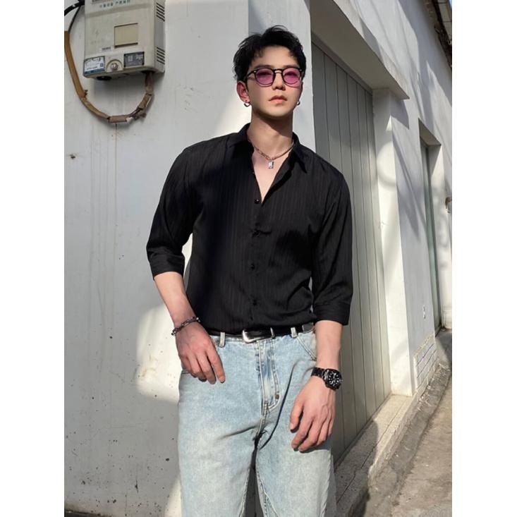 Yapi Youth Personality Internet Celebrity V-Ausschnitt-Shirt mit mittellangen Ärmeln für gutaussehende Männer, Slim Fit Casual Stehkragen Hooligan Handsome Shirt