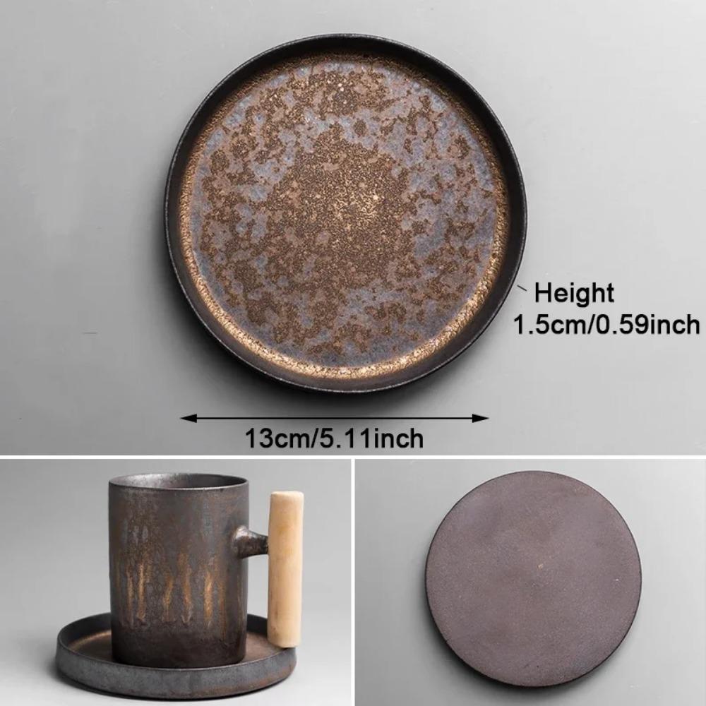 Japanese Vintage Tea Cup Set Ceramic Coffee Mug Rust Glaze Milk Cafe Cup with Wood Handle Water Cup Teacup Home Office Drinkware