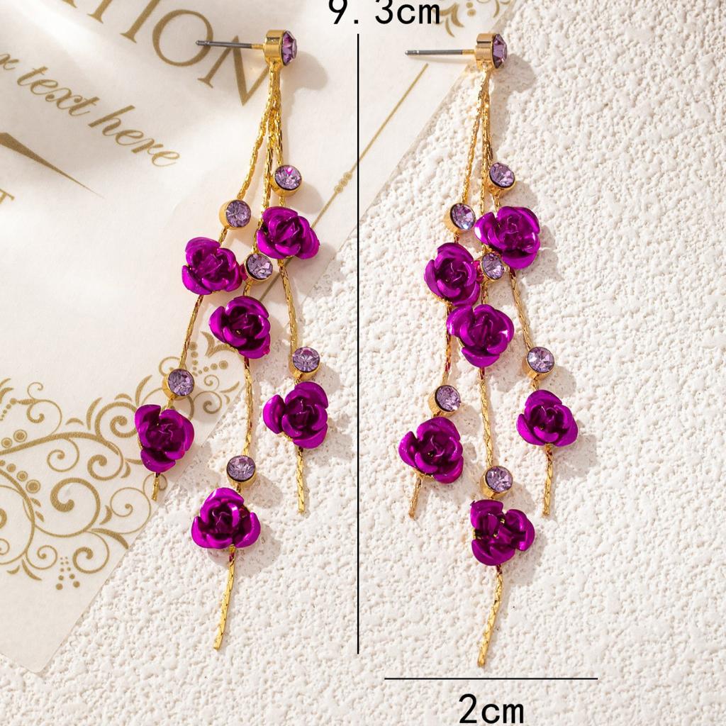 New Red Rose Earrings Korean Temperament Long Fringed Earrings Super Fairy Face Thin Earrings