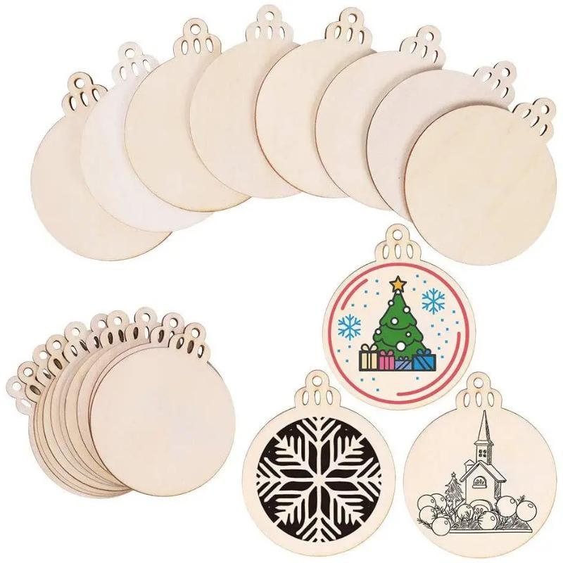 10/50/100PCS Christmas Wooden Ornaments Round Baubles DIY Craft Hanging Decor For Xmas Tree Navidad