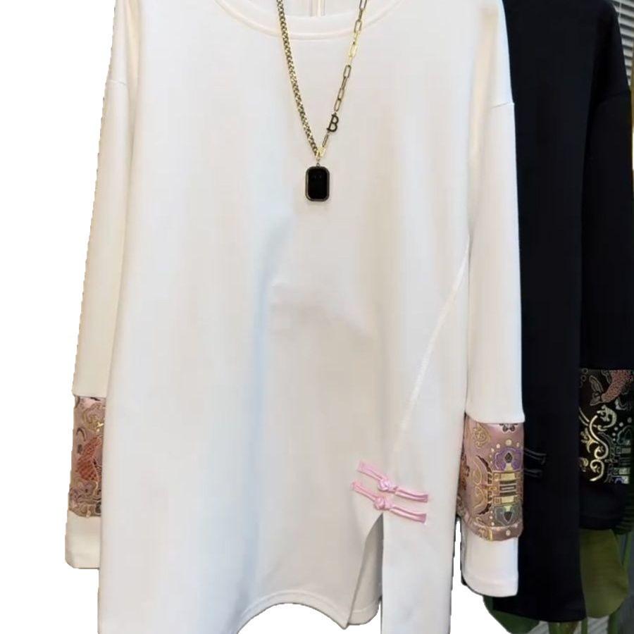 Plus Size Women's Chinese Style Long-Sleeve T-Shirt - Spring Loose Slimming Top