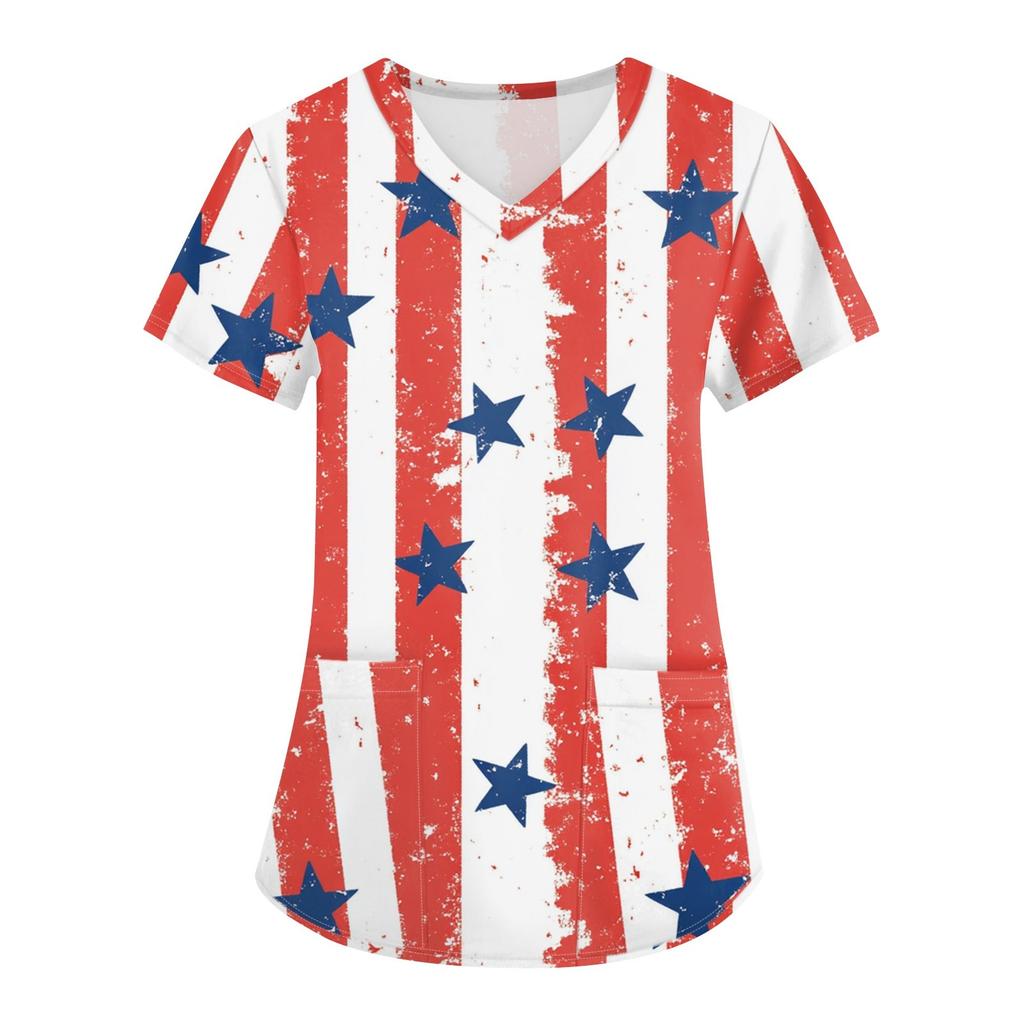 Topuri Uniformă de Lucru Scrub Imprimate Mărimi Mari Pentru Femei Gât în V Încrucișat Imprimeu Ziua Independenței Mânecă Scurtă Tricouri Amuzante Tricou de Lucru cu Buzunare