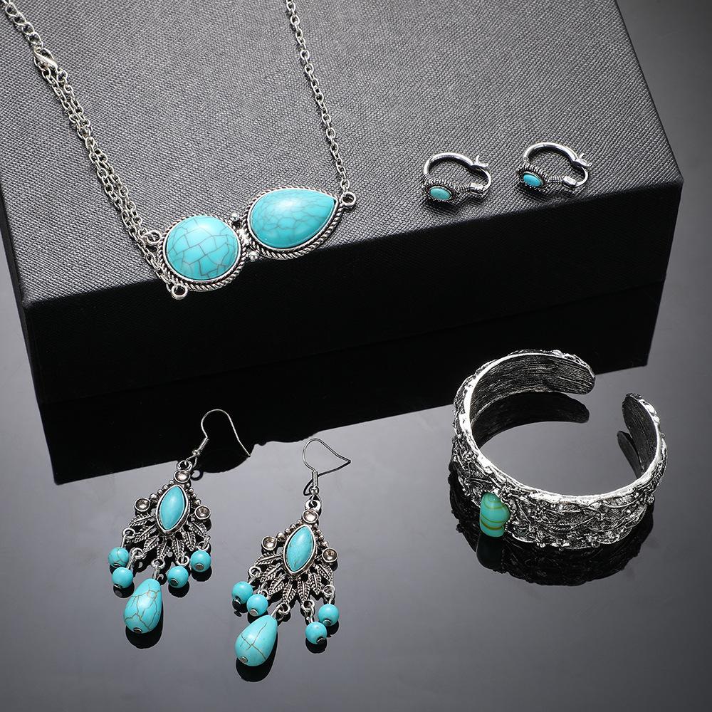European and American Retro Ethnic Necklace Earrings, Turquoise Bracelet Ring, Light Luxury Fashion Bohemian Jewelry Set