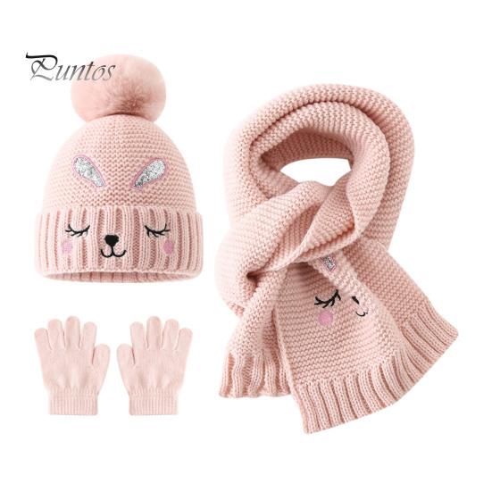 Warm Knitted Hat for Toddlers Winter Gloves Scarf Set Kids, Pompom Hat, Cute Essentials Bunny Embroidery, Cozy Boys Girls Ages 2 to 6 Outings